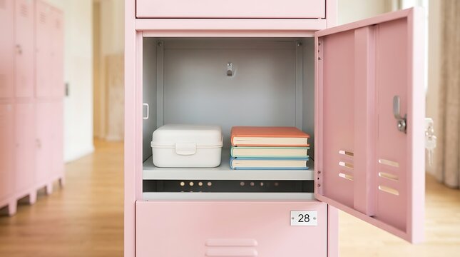 Open Pink Metal Locker with Lunch Box and Books