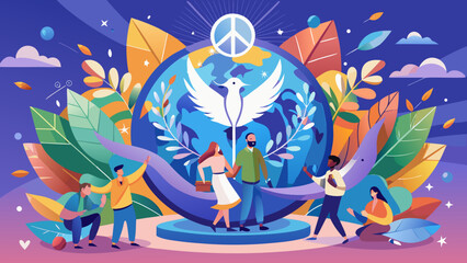 Fototapeta premium Global Unity Illustration with Diverse People Celebrating World Peace and Harmony Around Earth