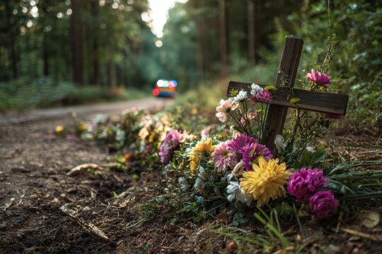 Memorial site with colorful flowers and wooden crosses along a forest roadside with emergency vehicle lights flashing in the background at dusk