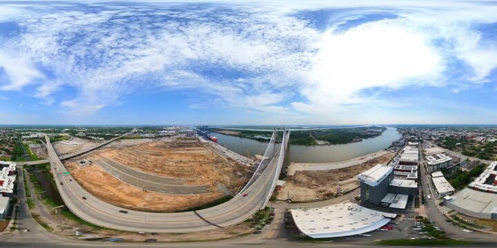 Aerial 360 VR footage of Savannah Georgia USA bridge over river