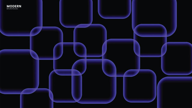 Blue neon glowing square abstract background with geometric rounded rectangles grid pattern on dark vector illustration.