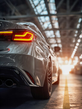 Rear view of a sleek modern car with illuminated tail lights parked inside a bright industrial warehouse with sunlight streaming through the ceiling windows
