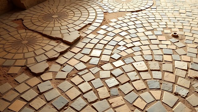 Close-up of ancient mosaic floor with geometric patterns, archaeological texture.