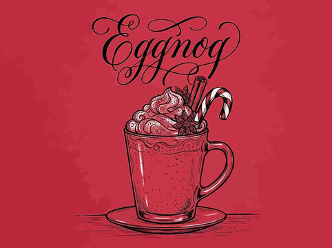 Festive Eggnog Drink with Christmas Garnishes and Decorative Text