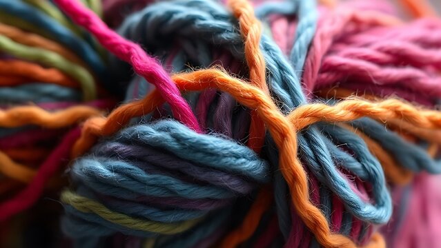 Close-up of colorful yarn being untangled from a complex knot.