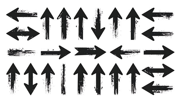 Set of hand drawn grunge ink brush arrows with distressed texture, directional signs, navigation markers, sketch style indicators