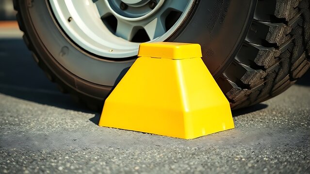 A bright yellow wheel chock secured against a large aircraft tire on asphalt.
