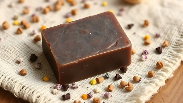 Dark brown patchouli soap bar on rough linen with dried flowers, rustic texture.