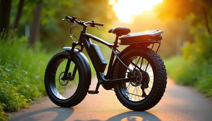Fototapeta premium Black fat tire electric bicycle rests on path. Outdoor park trail with sunlit trees and green grass. Rechargeable battery bike awaits rider for adventure.