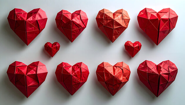 Set of low poly geometric red paper hearts, origami style folded textures for valentines day, holiday celebration, romance, love symbols