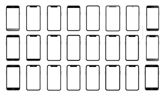 Set of multiple empty smartphone templates with blank screens for mobile application interface design, tech mockup and UI display