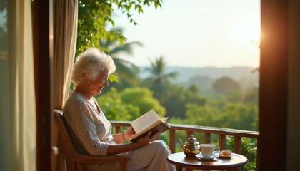 Obraz premium Elderly woman relaxes on balcony with book and tea. She enjoys morning sun and lush green view. Peaceful retirement lifestyle, calm vacation moment.