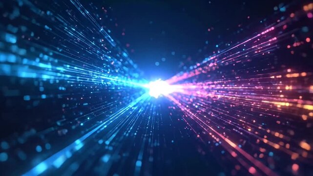 Abstract digital background with glowing blue and pink data lines converging to a bright center