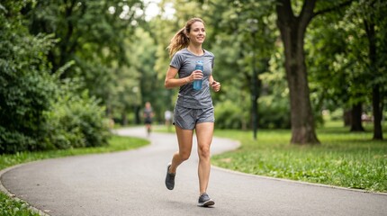 Obraz premium Fit woman running in the park while carrying a water bottle