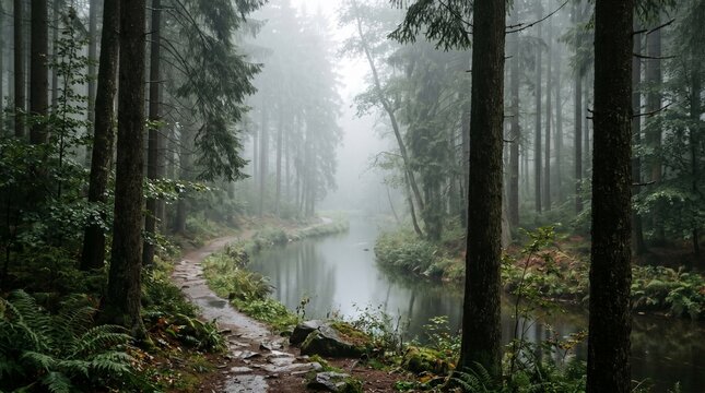 Misty forest pathway along a serene river in nature