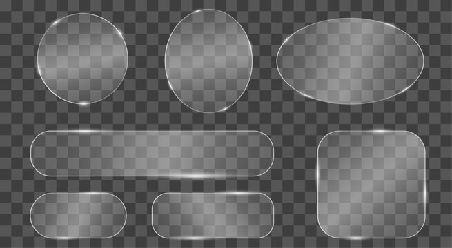 Set Of Frosted Glass Shapes. White Glass Effect With Circular, Oval, Rounded Rectangle And Rounded Square Panels. Glassmorphism And Transparent Elements