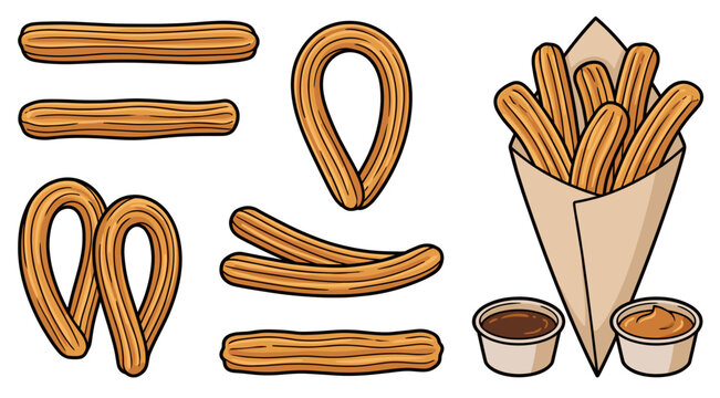 Sweet churro vector illustration set. Traditional spanish fried dough pastry shapes, straight sticks, loops, paper cone and chocolate dipping sauce.