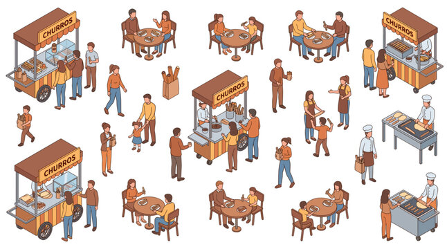 Isometric churro vector set of people buying and eating sweet pastry at street food cart. Vendor selling fried dough to characters sitting at tables.