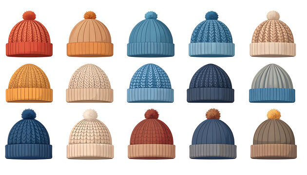 Set of colorful knitted beanie hats with pompons, winter fashion accessories for cold weather, seasonal apparel collection