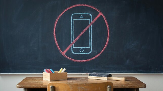 Hand drawn prohibition sign against mobile phones on blackboard with colorful chalk and wooden desk in classroom setting
