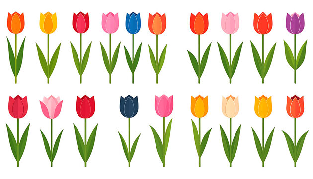set of colorful pixel art tulip flowers in various shades, flora vector elements for retro gaming, digital spring garden design