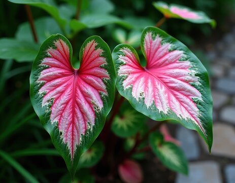 Two bicolor caladium leaves, heart shaped with pink and white veins on green edges. Tropical plant grows in garden. Detailed macro view of foliage.
