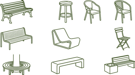 Fototapeta premium A collection of nine outdoor seating featuring benches, stools, chairs, and a circular tree bench in a green line format