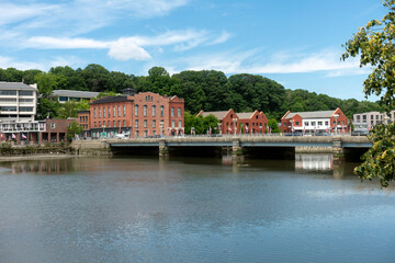 Fototapeta premium Ruth Steinkraus Cohen Memorial bridge and Waterfront Buildings in Westport, Connecticut (CT) in the Historical District