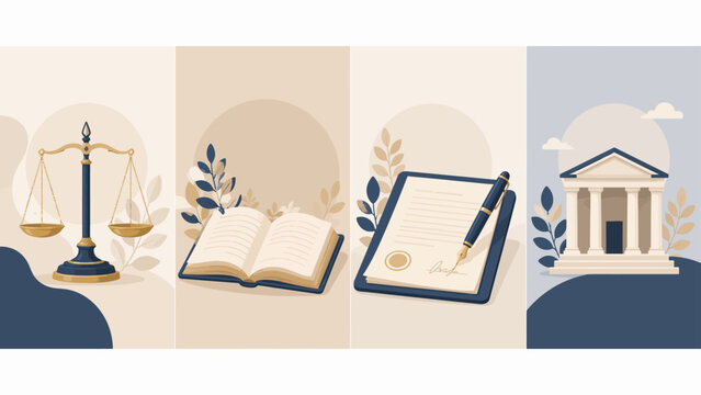 Aesthetic blue cream color vertical panel of judicial symbols and law firm equipment featuring iconic objects suitable for professional advocate visual materials