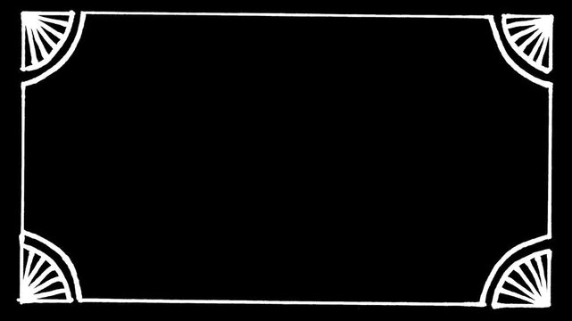White hand-drawn decorative frame animation, ornate vintage border on black background, artistic title frame, minimalist sketch motion graphic, creative video intro element.
