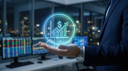 Fototapeta premium Businessman in a dark suit presenting financial growth concept with digital graph in modern office at night