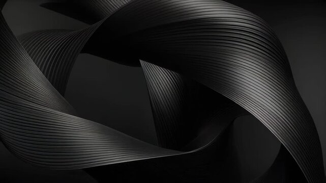 Abstract black curved ribbons with fine horizontal lines creating a smooth flow