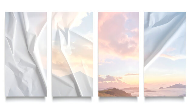 Set of four vertical banners with crumpled paper texture transitioning into serene sunrise landscape, dreamy aesthetic, soft pastel colors