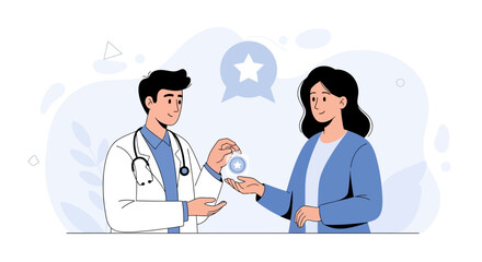 Fototapeta premium Doctor gives patient a star rating token, symbolizing excellent healthcare service and patient satisfaction.
