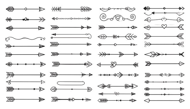 set of hand drawn arrow dividers, rustic boho borders for typography, ornament flourishes, sketch style separator lines