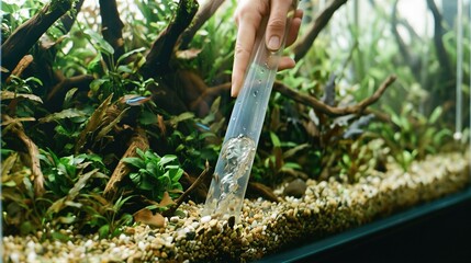 Obraz premium Woman cleaning gravel in tropical aquarium with siphon tube. Maintenance of exotic pet habitat. Underwater ecosystem care and water hygiene for healthy fish in glass fish tank environment.