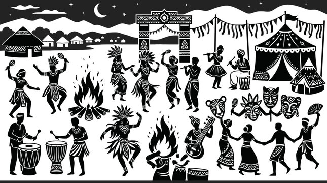People dancing around campfire at night.