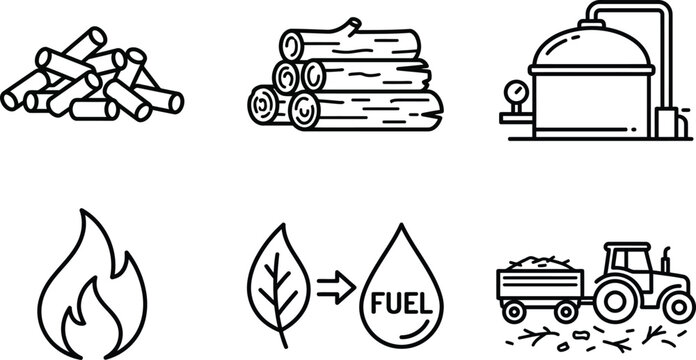 Biomass fuel icons set including wood logs pellets and processing plant representing renewable energy and agriculture concepts isolated on white