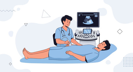 Obraz premium Doctor performing ultrasound on male patient for medical diagnosis, illustration of modern healthcare