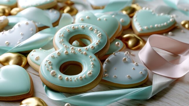 Elegant pastel blue and gold decorated cookies shaped like hearts and the number eight with delicate ribbon accents on a light wooden surface for celebrations