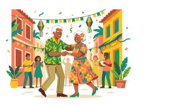 Idosos dan&ccedil;am alegremente em rua decorada com bandeirinhas e confetes