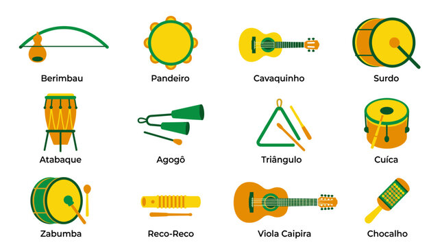 Collection of Brazilian Musical Instruments in Flat Design Style