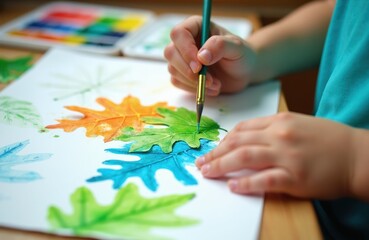 Naklejka premium Child paints colorful autumn leaves with watercolors. Kid draws nature, uses brush and palette for art project. Little artist learns creativity, develops fine motor skills at table.