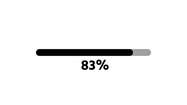 Black progress bar loading up to 100 percent, minimalist UI animation isolated on white, website buffer indicator, software update status, and clean flat design element.
