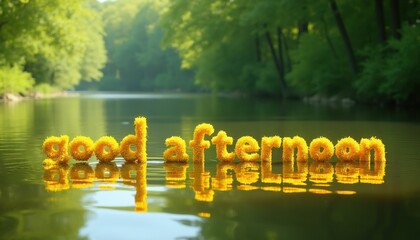 Obraz premium Yellow text message good afternoon floats on calm river water surface. Rich green trees line tranquil riverbanks under bright sunlight. Peaceful nature scene.