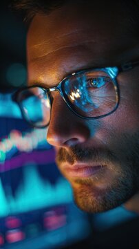 Man with glasses intensely analyzing digital financial charts on a screen during nighttime with blue and orange lighting reflections on his face and lenses