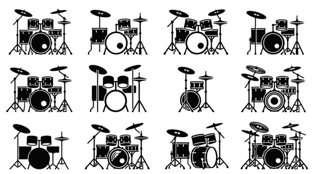 Collection of Drum Set Silhouettes on White Background.