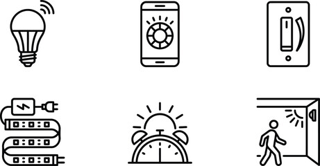 Fototapeta premium Smart home icons set including light bulb mobile control switch LED strip alarm clock and motion sensor for technology and automation concepts flat vector illustration isolated on white