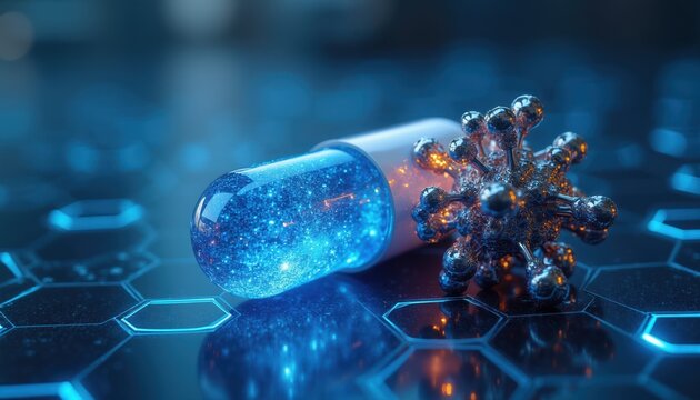 Blue capsule with sparkling contents rests near virus model. Science and biotech innovation for new medicine discovery. Futuristic research in healthcare and drug development.