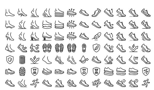Shoe Feature Outline Icon Set with Arch Support Shock Absorption and Comfort Symbols